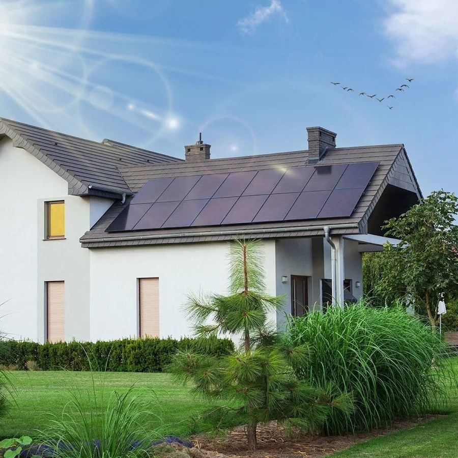 Modern UK home with solar panels on rooftop